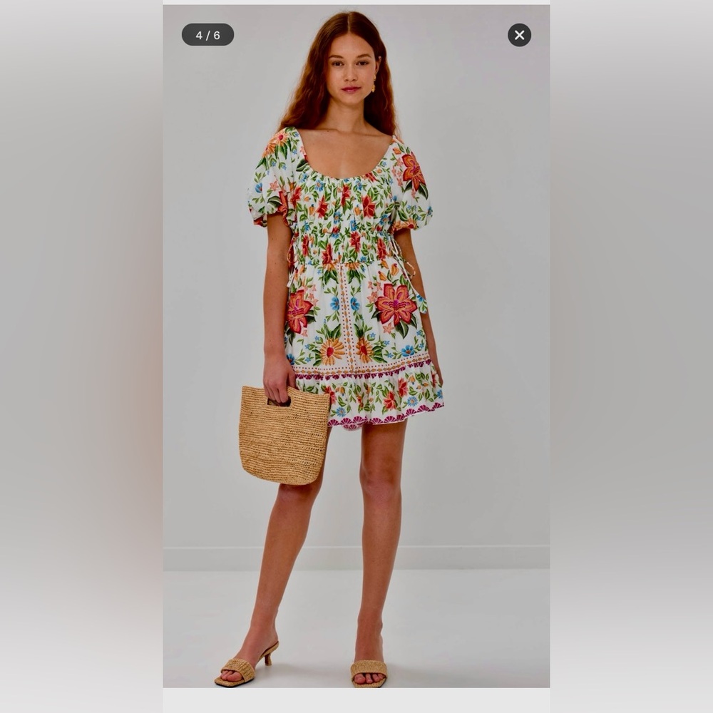 FARM Rio White Mini Dress with Multicolor Floral Embroidery